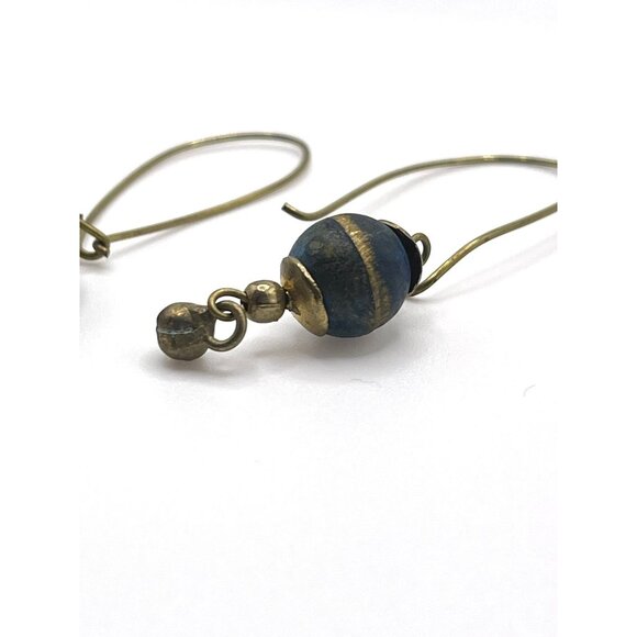 Vintage 1970's Dangle Long Loop Earrings With Blue and Gold Beads Handmade 2" - Picture 4 of 4